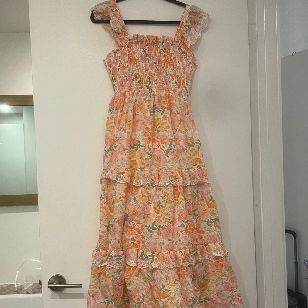 Haute Hippie Boho Smocked floral tiered eyelet ruffle midi dress